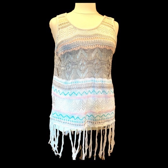 Say What? Sweaters - SAY WHAT crochet sweater vest in cream and pastels with fringe Boho fringe
